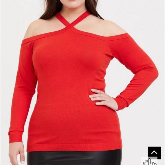 Torrid Tops - Torrid Size 1 Reddish Orange Pullover Cross Neck Cold Shoulder Sweater